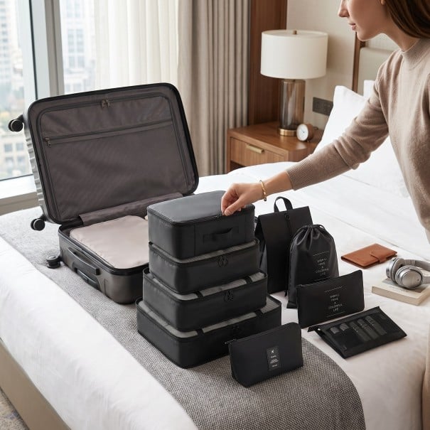 Conjunto de 10 organizadores de viagem para mala Embalagens para roupa até 40 x 30 cm Saco para sapatos Dois sacos e necessaire preto
