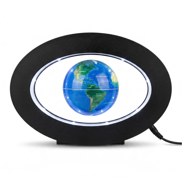 Globe magnétique lévitant 8,5 cm dans un cadre ovale 24,5 x 17 cm avec éclairage LED Décoration de bureau pour la chambre et le bureau bleu