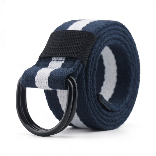 Plátený opasek s dvojitou D prackou 120 x 3,8 cm Taktický textilný pás s kovovými krúžkami Unisex k džínsom aj nohaviciam modro-biela