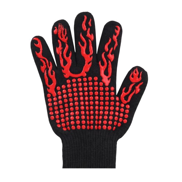Gant de protection avec éléments antidérapants Longueur 25 cm Cinq doigts avec manchon côtelé Matériau tricoté Motif flammes Impression rouge 1