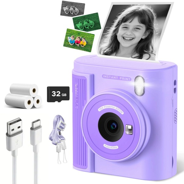 Dětský fotoaparát s okamžitým tiskem 2″ IPS displej 1080P video 16x zoom Blesk 3 role papíru a karta 32 GB Pro děti fialová