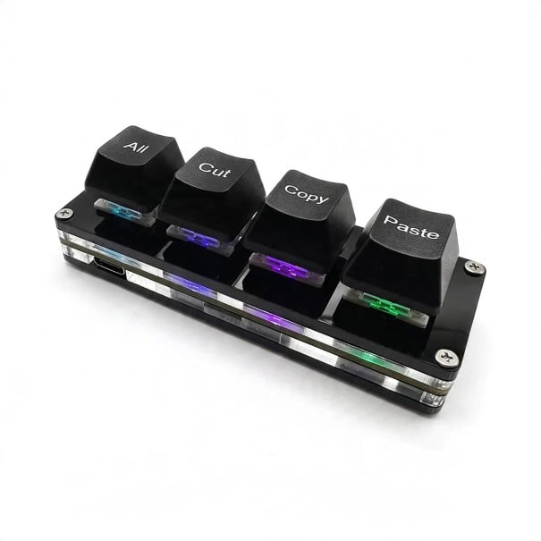 Mini makro klávesnica 4 klávesy Vybrať všetko Vystrihnúť Kopírovať a Vložiť Programovateľné RGB podsvietenie USB-C pre PC čierna
