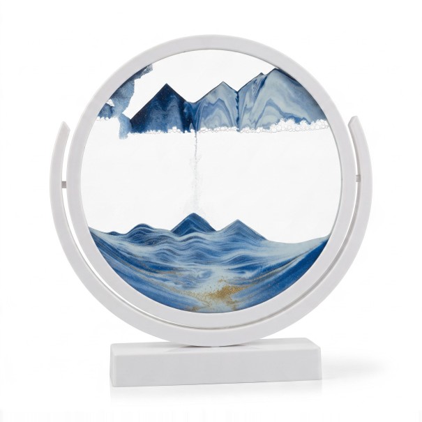 Image de sable 3D rotatif 20,2 x 21,4 cm Image de sable rond avec du sable en verre mobile avec support Décoration de table bleu clair