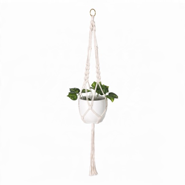 Macramé ophæng til blomsterkrukker med metalring og snoede knuder Længde 105 cm Håndlavet reb af plantefibre Hvid Boho dekoration 1