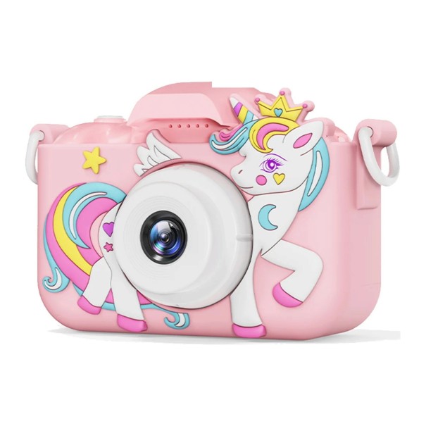 Dětský fotoaparát s jednorožcem a korunkou 2″ IPS displej 48 Mpx 1080P video 8x zoom Selfie objektiv Karta 32 GB růžová