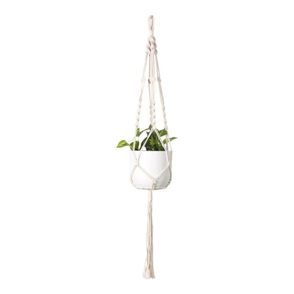 Hamac en macramé pour pot de fleurs avec une boucle tressée et des bras torsadés Longueur 105 cm Corde tressée à la main en fibres végétales Blanche 1