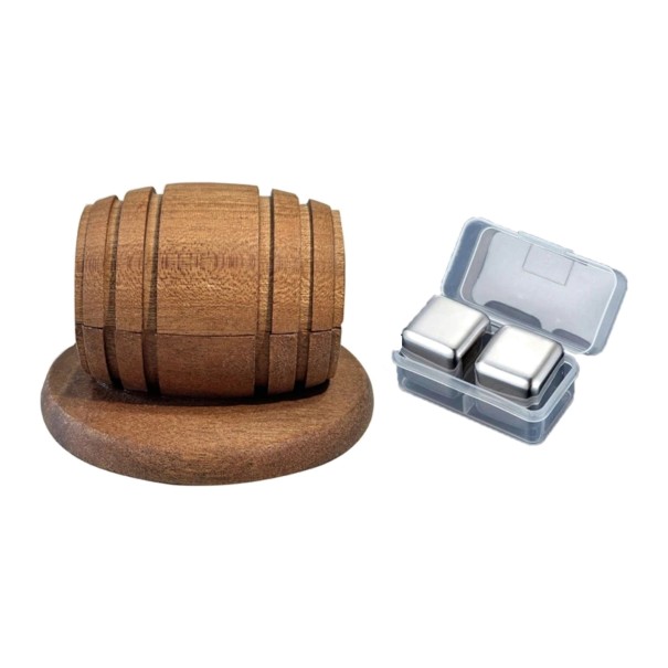 Fumoir à cocktails et whisky Baril en bois 10 x 6,4 cm avec support pour verre et 2 cubes réfrigérants en métal dans un étui pour bar 1