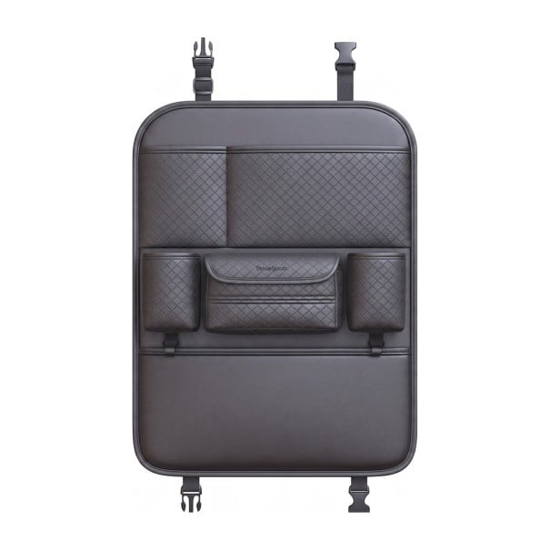 Organizér na opěradlo auta 60 x 43 cm z PU kůže s kosočtvercovým prošitím Držák na pití a kapesníky Háčky Černý Ochrana sedadla 1