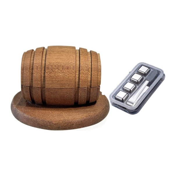 Fumeur à cocktails et whisky Baril en bois 10 x 6,4 cm avec support pour verre 4 cubes réfrigérants en métal avec pinces dans un étui 1