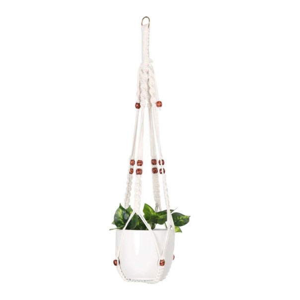 Hamac en macramé pour pot de fleurs avec anneau en métal et perles brun-rouge Longueur 90 cm Corde tissée en fibres végétales Blanche Pour plantes 1