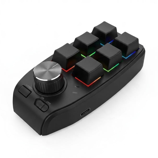 Bezdrátová makro klávesnice 6 kláves a otočný knoflík 2,4 GHz Bluetooth i kabel USB-C RGB podsvícení Hot swap Černá pro PC a Mac 1
