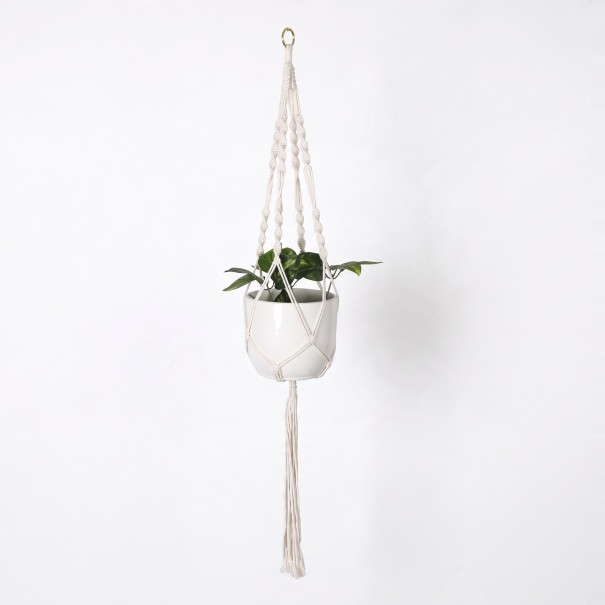Macramé ophæng til blomsterkrukker med spiralknuder og metalring Længde 105 cm Flettet snor af plantefibre Hvid Boho dekoration 1