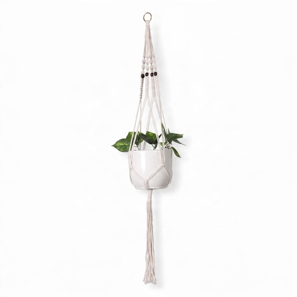 Macramé ophæng til plantekrukke med sorte perler og metalring Længde 105 cm Håndlavet reb af plantefibre Hvid Til planter 1