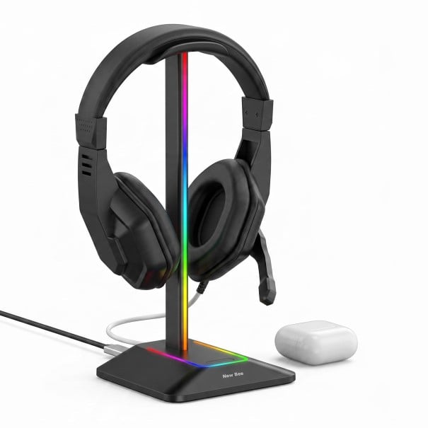 Stând de joc pentru căști cu iluminare RGB și porturi USB-C și USB Înălțime 24,2 cm Bară din aluminiu Bază antiderapantă negru