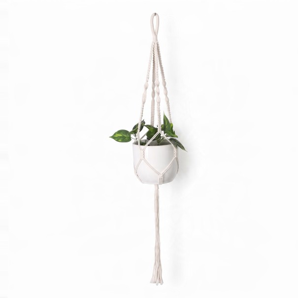 Hamac en macramé pour pot de fleurs avec une anse tressée et de délicats nœuds en spirale 105 cm Corde en fibres végétales Blanche Décoration Boho 1