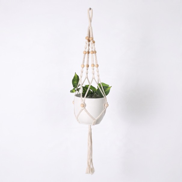 Macramé ophæng til plantekrukker med træperler og flettet ophæng Længde 105 cm Flettet snor af plantefibre Hvid Boho dekoration 1