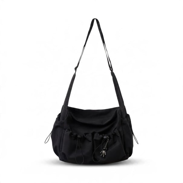 Nylon crossbody taske 36 x 27 x 18 cm Stor messenger taske med snore og vedhæng Sort Unisex 1