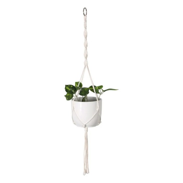 Macramé ophæng til blomsterkrukker Minimalistisk med metalring og snoet snor 100 cm Snor af plantefibre Hvid Boho dekoration 1