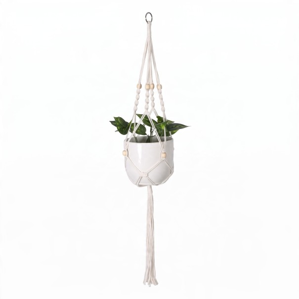 Macramé ophæng til plantekrukker med træperler og metalring Længde 105 cm Flettet reb af plantefibre Hvid Boho dekoration 1