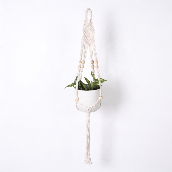 Macramé ophæng til blomsterkrukker med flettet rhombusmønster og træperler 105 cm Snor af plantefibre Hvid Boho dekoration 1