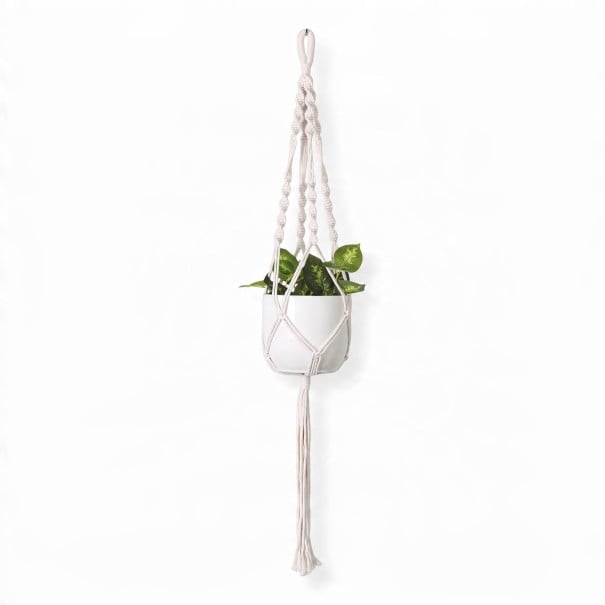 Macramé ophæng til blomsterkrukker med flettet ophæng og tætte spiralknuder 105 cm Snor af plantefibre Hvid Boho dekoration 1
