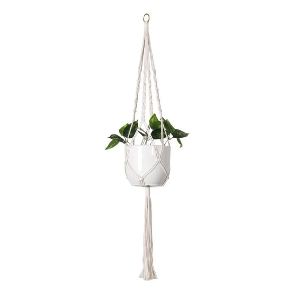 Macramé ophæng til plantekrukker Minimalistisk med flade knuder og metalring 105 cm Snor af plantefibre Hvid Boho dekoration 1