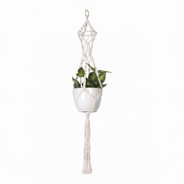 Macramé ophæng til plantekrukker med geometrisk flettet konstruktion og metalring 90 cm Snor lavet af plantefibre Hvid Boho dekoration 1