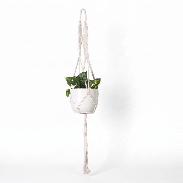 Hamac en macramé pour pot de fleurs avec une longue anse et un motif tressé croisé de 105 cm Corde en fibres végétales Blanche Décoration Boho 1
