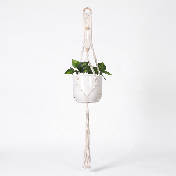 Macramé ophæng til plantekrukker med træring og flettet bånd med perler 100 cm Snor lavet af plantefibre Hvid Boho dekoration 1