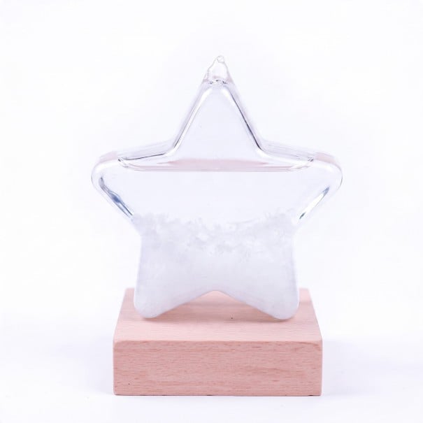 Bouřkové sklo Storm Glass ve tvaru hvězdy 10 x 10 cm Skleněný barometr s krystaly na dřevěném podstavci Dekorace na stůl bílá
