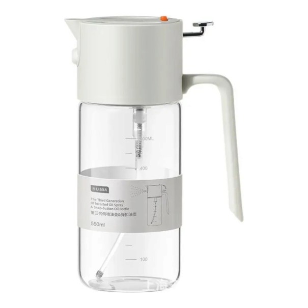 Üveg olajadagoló 2 az 1-ben 550 ml Permetező és öntő Automatika fedél Boroszilikát üveg Főzéshez és grillezéshez fehér