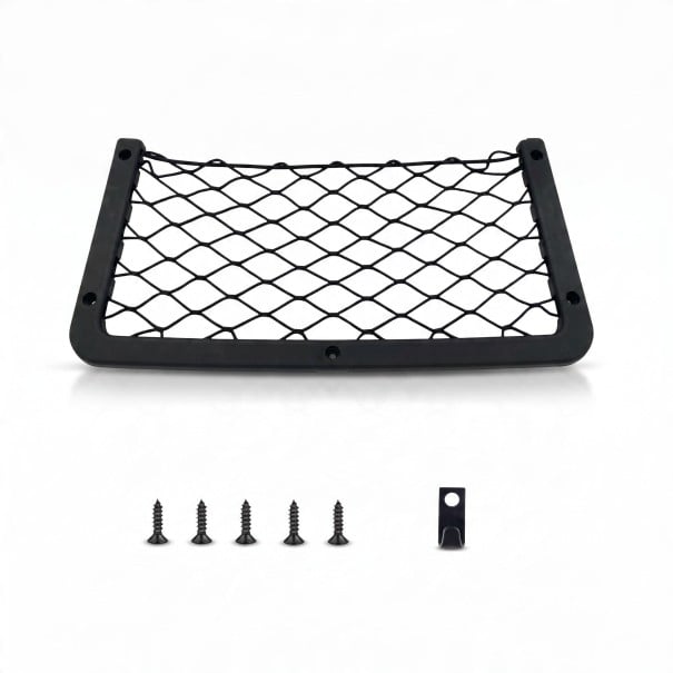Úložná síť do auta a karavanu s háčkem 36 x 18 cm Pružná síťka s pevným rámem z ABS Na dveře stěnu i opěradlo Černá Montáž šrouby 1