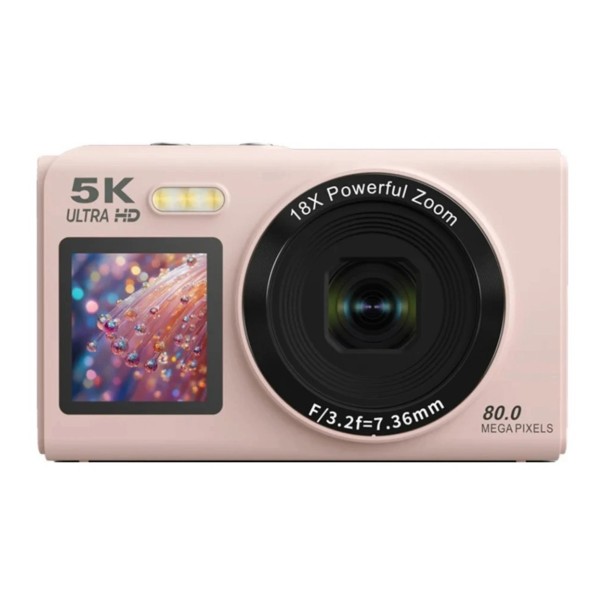 Digitální fotoaparát 5K 80 Mpx 18x zoom Dva IPS displeje pro selfie Wi-Fi Autofokus LED přisvětlení Bez paměťové karty růžová