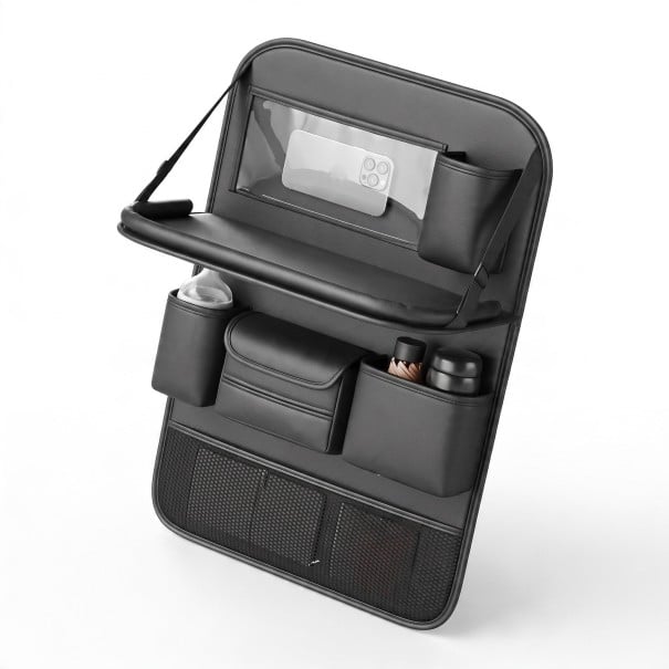 Organizér na opěradlo auta s rozkládacím stolkem 64 x 45 cm Kůže Držák na tablet pití a kapesníky Pro cestující vzadu černá