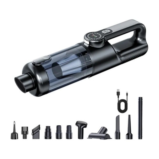 Bezdrôtový vysávač do auta Bezkartáčový motor 100 W Batéria 3 x 2000 mAh Digitálny displej Sada 11 nadstavcov Nádoba 450 ml Čierna Do auta 1