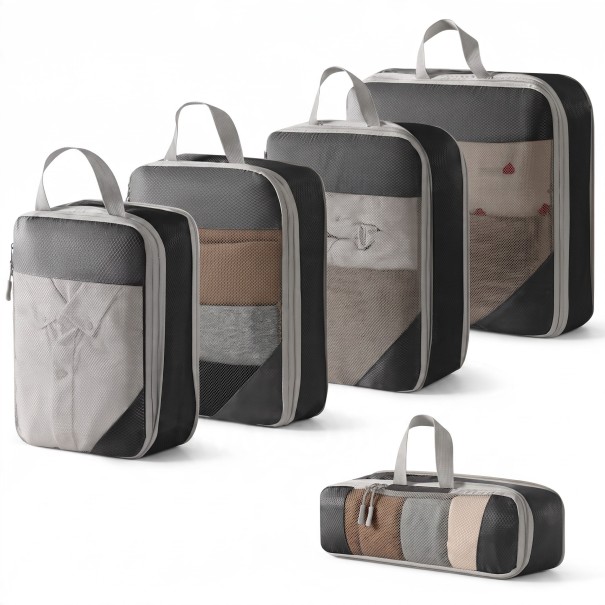 Conjunto de 4 organizadores de compressão para mala 20 x 30 cm até 39 x 40 cm com saco para sapatos em poliéster com rede para viajar preto