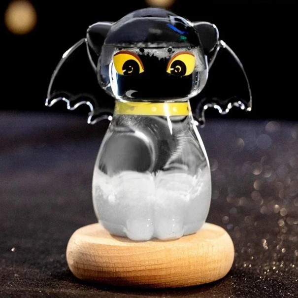 Bouřkové sklo Storm Glass ve tvaru kočky s netopýřími křídly 11 x 10 cm Skleněný barometr s krystaly Dekorace na stůl černá