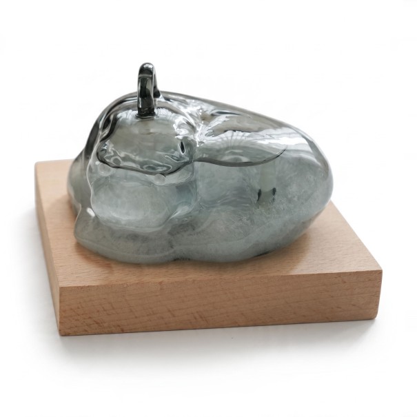Bouřkové sklo Storm Glass ve tvaru spící kočky 11 x 6,5 cm Skleněný barometr s krystaly na dřevěném podstavci Dekorace šedá