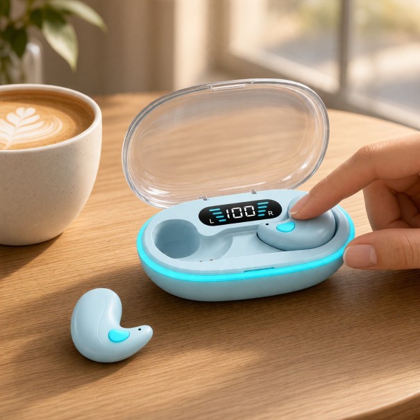 Bezdrátová sluchátka na spaní Bluetooth 5.3 Tenké pecky 1 cm Nabíjecí pouzdro s LED displejem Mikrofon Pro spaní na boku modrá