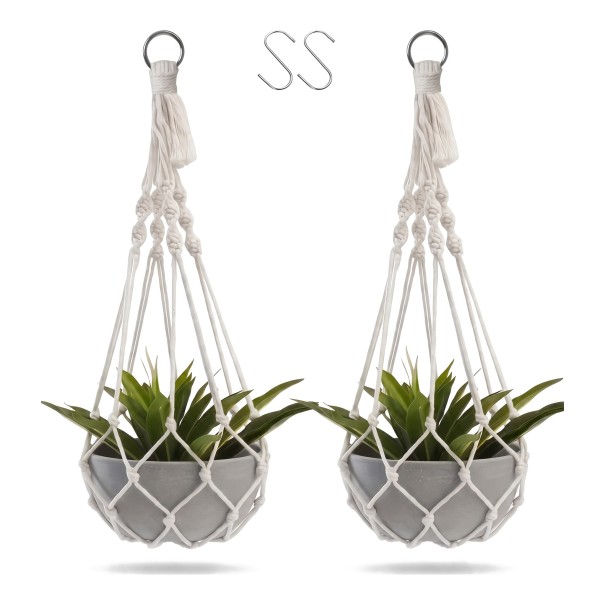 Makramé ophæng til blomsterkrukker 2 stk Hvid 50 cm med metalring og 2 S kroge Håndlavet i boho stil til stueplanter og balkon 1