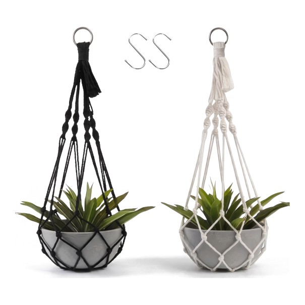 Makramé ophæng til blomsterkrukker 2 stk Hvid og sort 50 cm med metalring og 2 S kroge Håndlavet i boho stil til stueplanter 1