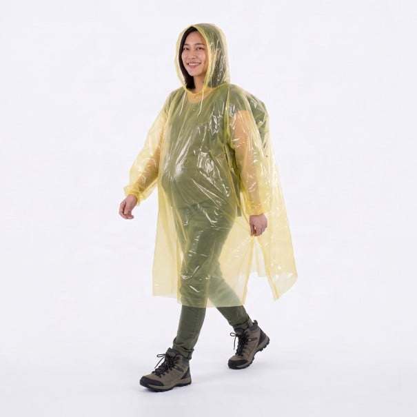 Jednorázové pláštěnky s kapucí 5 ks délka 119 cm s dlouhými rukávy v náhodných barvách jednotlivě balené unisex univerzální velikost 1