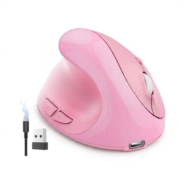 Vertikální bezdrátová myš pro leváky s funkcí Mouse Jiggler Tichá tlačítka Baterie 430 mAh Nabíjení USB-C Růžová pro home office 1