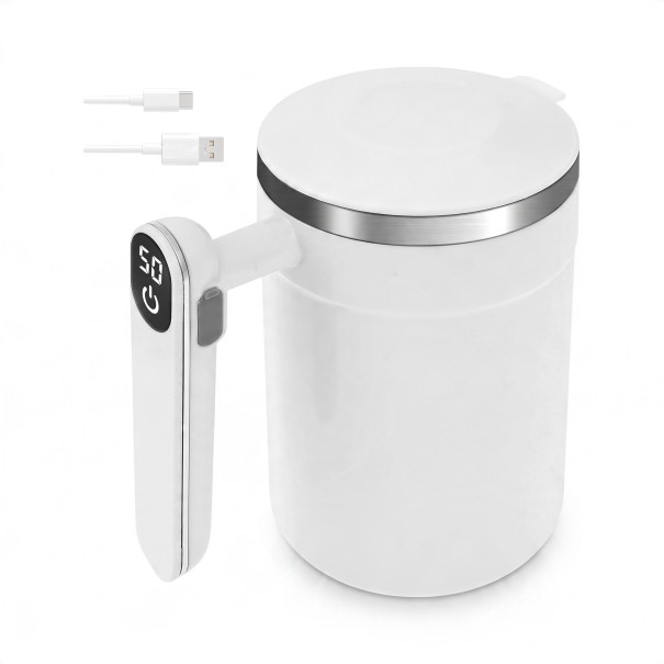Cana automată de amestecare 13,5 x 9 x 14 cm pentru 400 ml cu capac și display de temperatură în mâner, încărcată prin USB-C, de culoare albă 1