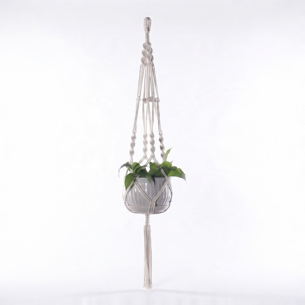 Makramé ophæng til plantekrukker med løkke og spiralformede knuder 105 cm Håndlavet bomuldsreb Hvid Boho dekoration til stueplanter 1