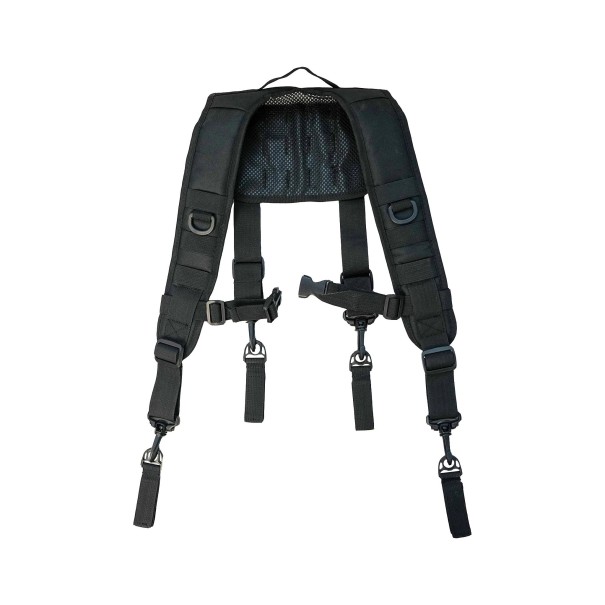 Suspensórios tácteas para cinto de serviço em forma de H com ombros acolchoados MOLLE 4 mosquetões rotativos Poliéster 600D preto