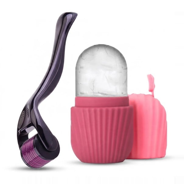 Sada derma roller 0,25 mm a Ledový váleček na obličej s víčkem Mikrojehličkový váleček a Forma na led Pro péči o pleť růžová