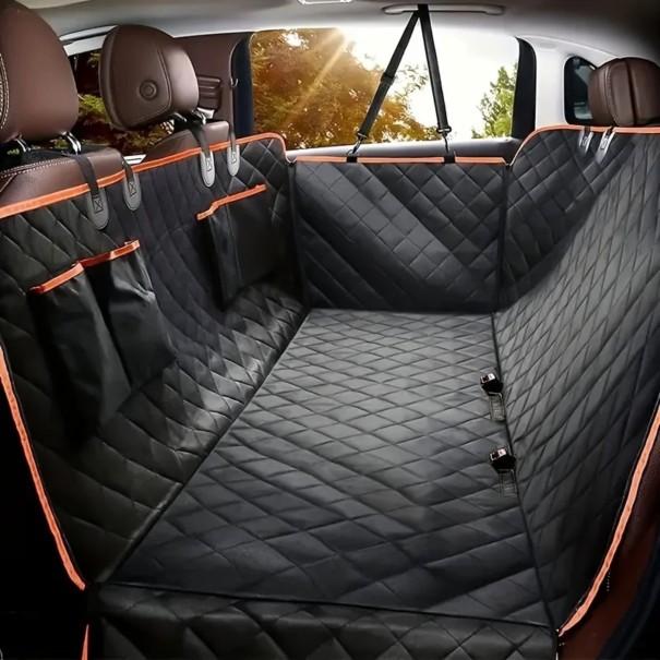 Vandtæt bagsædebetræk til hund i bilen Hængekøje med lynlås og sideflapper Bredde 133 cm Oxford polyester Sort med orange kant 1