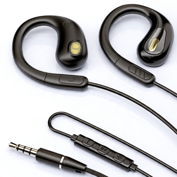 Drátová sluchátka s háčky za uši Otevřený poslech Konektor 3,5 mm jack Měnič 13 mm Mikrofon a ovladač Kabel 1,2 m černá