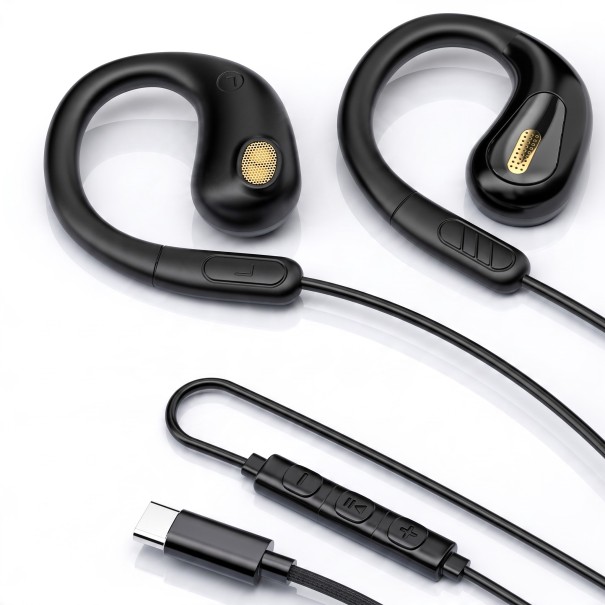 Drátová sluchátka s háčky za uši Otevřený poslech Konektor USB-C Měnič 13 mm Mikrofon a ovladač Kabel 1,2 m Na hudbu černá
